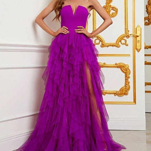 Purple Preppy Womens Split Thigh Mesh Overlay Tube Dress - Picture 5 of 5